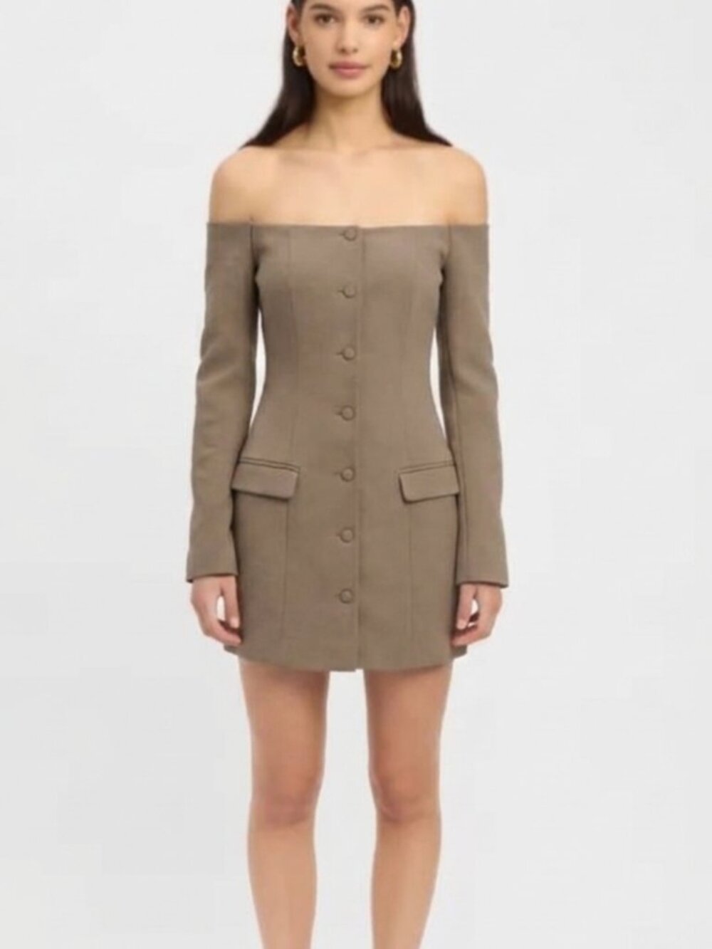 Kookai Taupe Off The Shoulder Mini Dress Long Sleeve Bodycon Womens Size 0